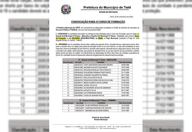 CONVOCAÇÃO PARA O CURSO DE FORMAÇÃO - GUARDA CIVIL MUNICIPAL
