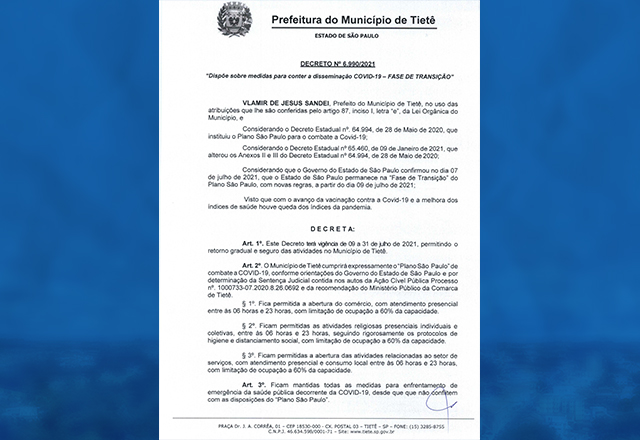 DECRETO N° 6.990/2021 – “DISPÕE SOBRE MEDIDAS PARA CONTER A DISSEMINAÇÃO COVID-19 - FASE DE TRANSIÇÃO”