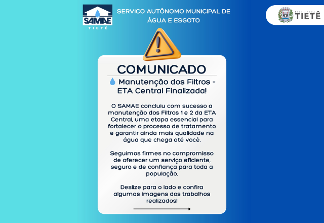 SAMAE concluiu a manutenção e modernização das unidades de filtração (Filtros 1 e 2) da Estação Central.