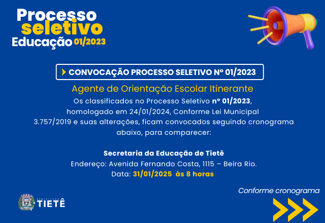 CONVOCAÇÃO PROCESSO SELETIVO Nº 01/2023