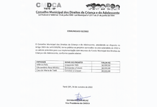 Conselho Municipal dos Direitos da Criança e do Adolescente (CMDCA) informa os projetos do ano-calendário de 2022.