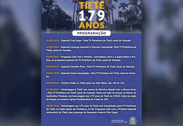Programação dos 179 anos de aniversário de Tietê
