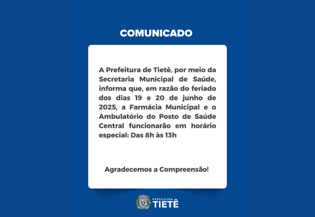 Horário de Funcionamento no Feriado- Farmácia Municipal e Ambulatório do Posto de Saúde Central