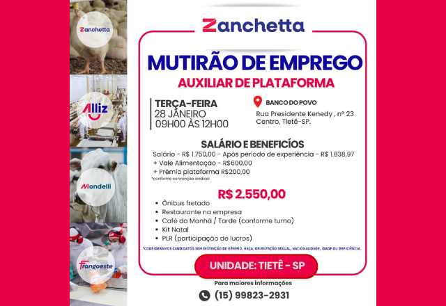 OPORTUNIDADE DE EMPREGO NA EMPRESA ZANCHETA. CONFIRA AS VAGAS!-27/01
