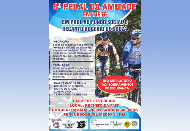 Pedal da Amizade será realizado em prol ao Recanto Rogério de Souza e ao Fundo Social