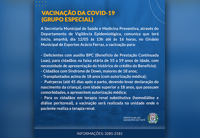 Vacinação contra a Covid-19 (grupo especial)