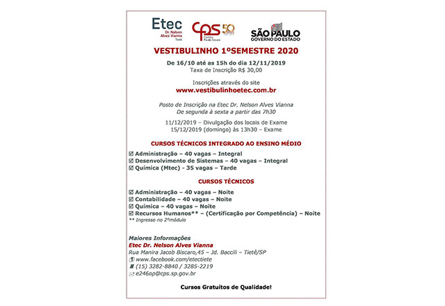 ETEC abre inscrições para Vestibulinho do 1° Semestre de 2020