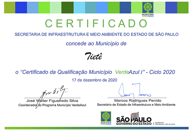 Tietê recebe o reconhecimento do Programa Município Verdeazul