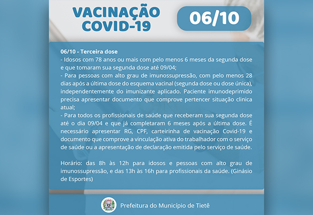 VACINAÇÃO CONTRA A COVID-19 (TERCEIRA DOSE 06/10)