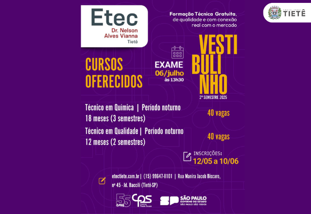 Começou o período de inscrições do vestibulinho Etec 2° semestre de 2025.