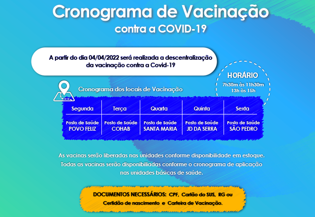 A PARTIR DO DIA 04/04/2022 SERÁ REALIZADA A DESCENTRALIZAÇÃO DA VACINAÇÃO CONTRA A COVID-19