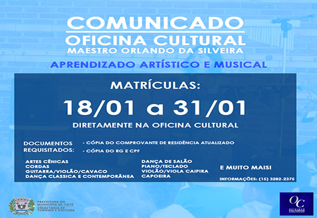 Oficina Cultural abre inscrições para 2018