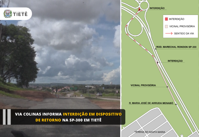 Via Colinas informa interdição em dispositivo de retorno na SP-300 em Tietê