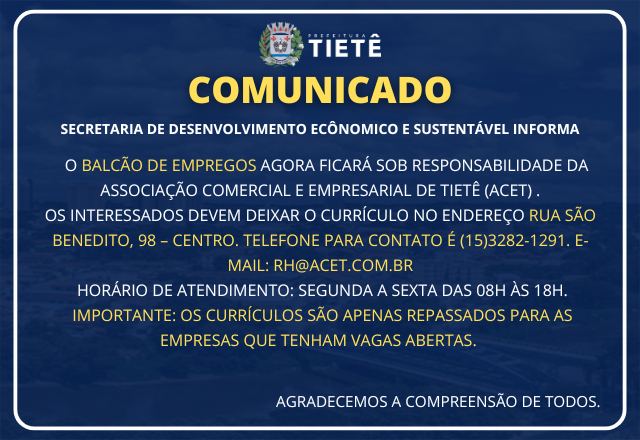 BALCÃO DE EMPREGO PASSA SER RESPONSABILIDADE DA ACET!