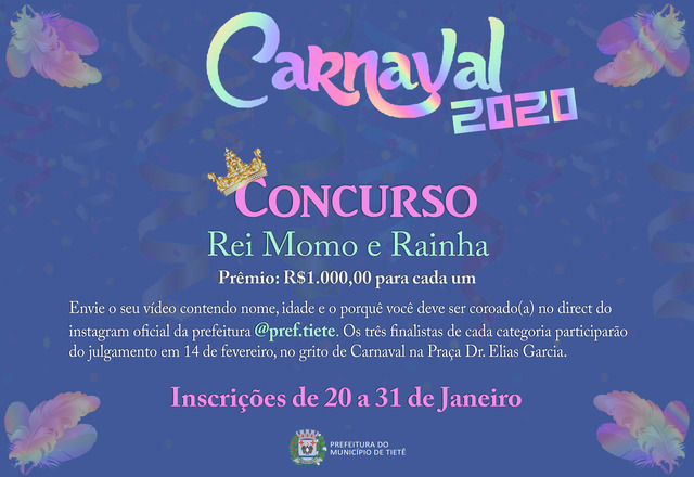 Prefeitura abre Concurso para Rei Momo e Rainha do Carnaval 2020