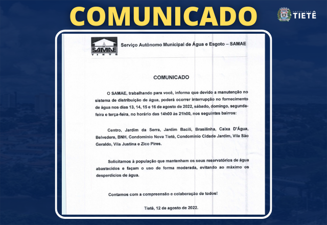 COMUNICADO SAMAE - INTERRUPÇÃO NO FORNECIMENTO DE ÁGUA