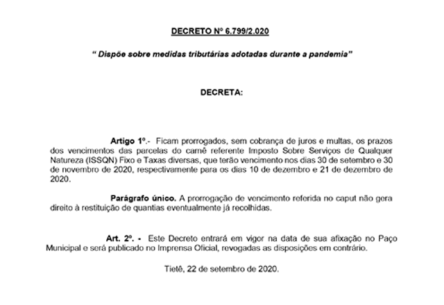 DECRETO Nº 6.799/2.020 “ Dispõe sobre medidas tributárias adotadas durante a pandemia”
