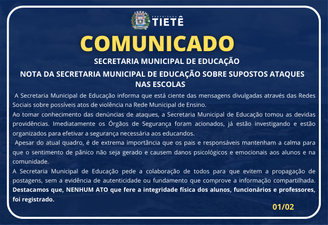 NOTA DA SECRETARIA MUNICIPAL DE EDUCAÇÃO SOBRE SUPOSTOS ATAQUES NAS ESCOLAS