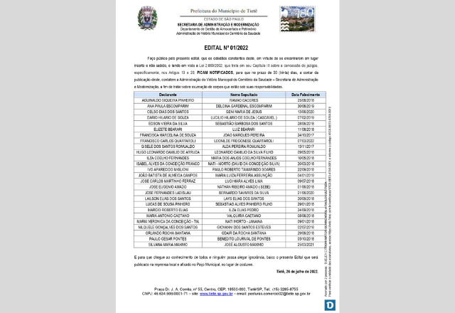 NOTIFICAÇÃO - EDITAL Nº 01/2022