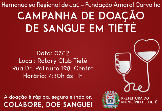 Campanha de Doação de Sangue acontece neste Sábado