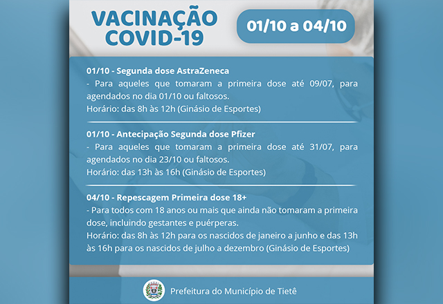 CRONOGRAMA VACINAÇÃO COVID-19 (01/10 A 04/10)
