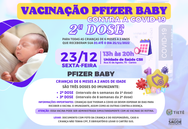 ATENÇÃO: DIA 23/12 VACINAÇÃO 2ª DOSE (PFIZER BABY)