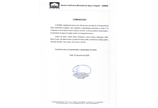 ATENÇÃO: SAMAE COMUNICA QUE REALIZARÁ MANUTENÇÃO PREVENTIVA
