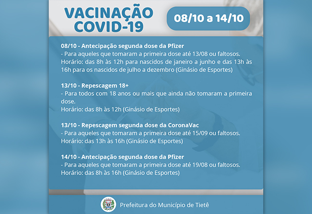 CRONOGRAMA VACINAÇÃO COVID-19 (08/10 A 14/10)