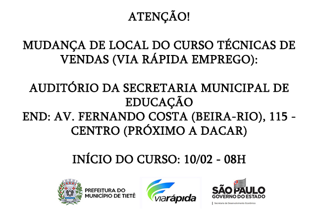 MUDANÇA DE LOCAL - Curso de Técnicas de Vendas (Via Rápida Emprego)
