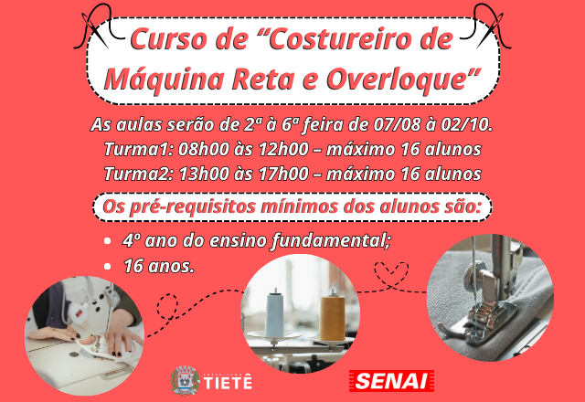CURSO GRATUITO - COSTUREIRO EM MÁQUINA RETA E OVERLOQUE