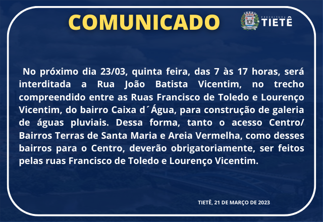 BLOQUEIO DE RUAS NO PRÓXIMO DIA 23/03