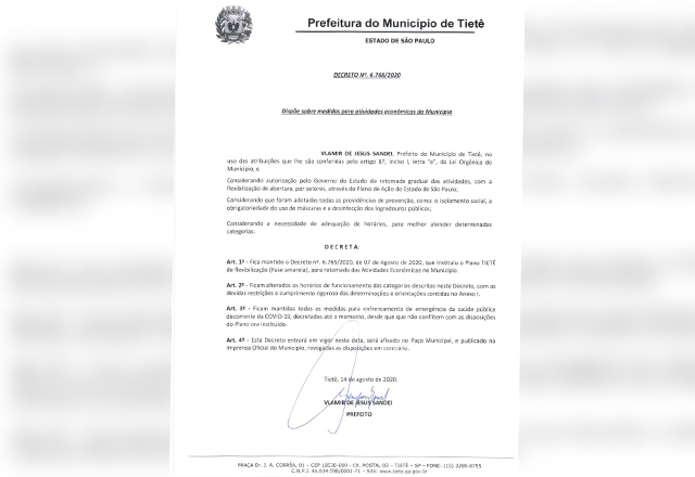 Prefeitura divulga Decreto N° 6768/2020, flexibilizando horário de funcionamento de atividades.