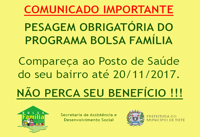 Assistência Social comunica Pesagem Obrigatória para o Programa Bolsa Família