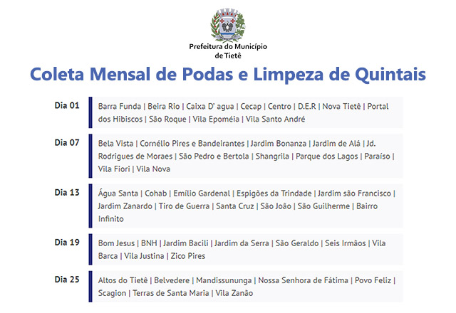 Prefeitura informa datas de coleta mensal