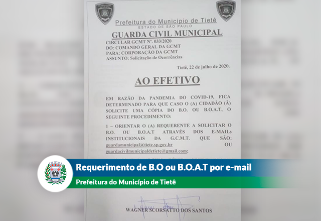 A Guarda Civil Municipal informa orientações referente ao pedido de cópia de B.O. ou B.O.A.T