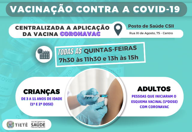 APLICAÇÃO DA VACINA CORONAVAC SERÁ CENTRALIZADA NA UNIDADE DE SAÚDE CS II (CENTRO)