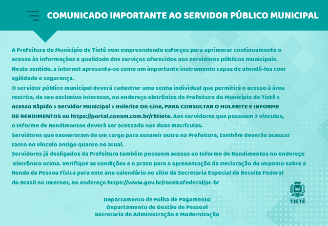 IMPORTANTE AO SERVIDOR PÚBLICO - INFORME DE RENDIMENTOS