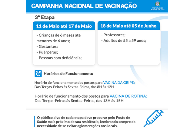 Prefeitura segue com a Terceira Fase da Campanha de Vacinação contra a Influenza
