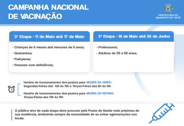 Terceira Etapa da Campanha de Vacinação contra a Influenza começa na próxima segunda-feira